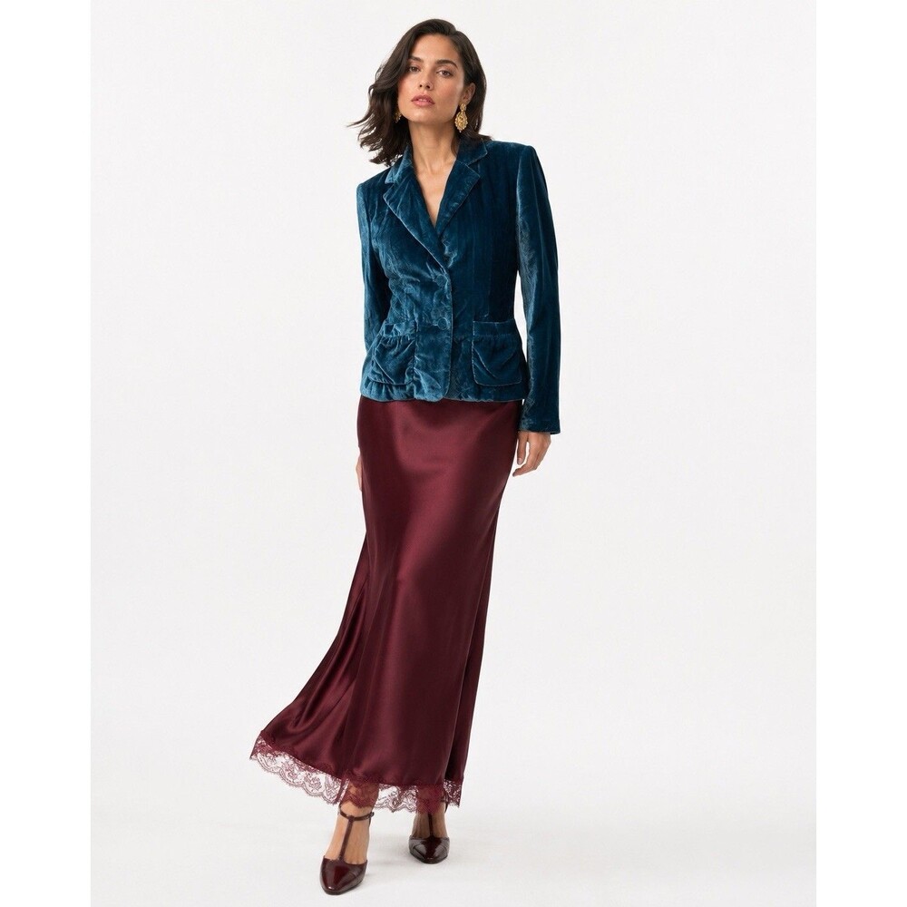 AB Studio Teal Velvet Blazer Women’s Size 8 Ruched Peplum Jacket Y2K